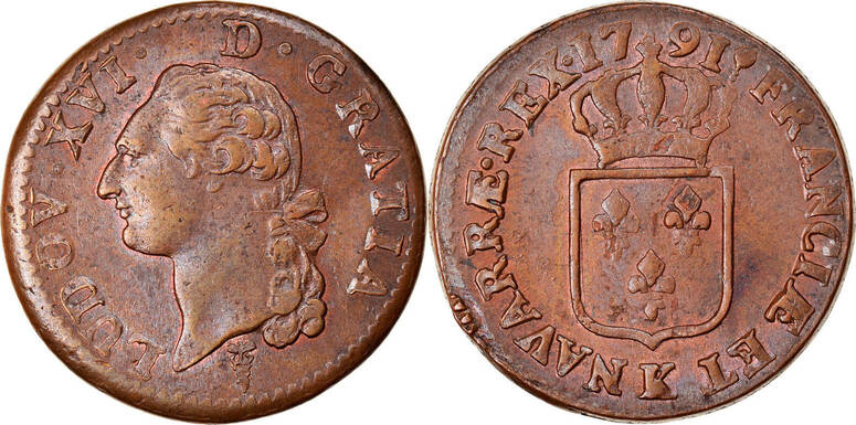 France 1791 K Coin, Louis XVI, Sol ou sou, Bordeaux, Copper AU(50-53